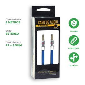 Cabo P2 + P2 Flat Estéreo 100% Cobre Azul - Performance Sound