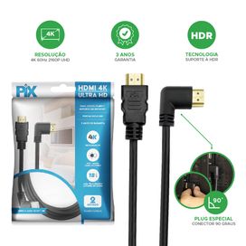 Cabo Hdmi 2.0 UltraHD 4k 2160p Plug 90 Graus - PIX
