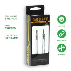 Cabo P2 + P2 Flat Estéreo 100% Cobre Branco - Performance Sound
