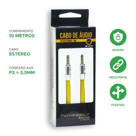 Cabo P2 + P2 Flat Estéreo 10 Metros 100% Cobre Amarelo - Performance Sound