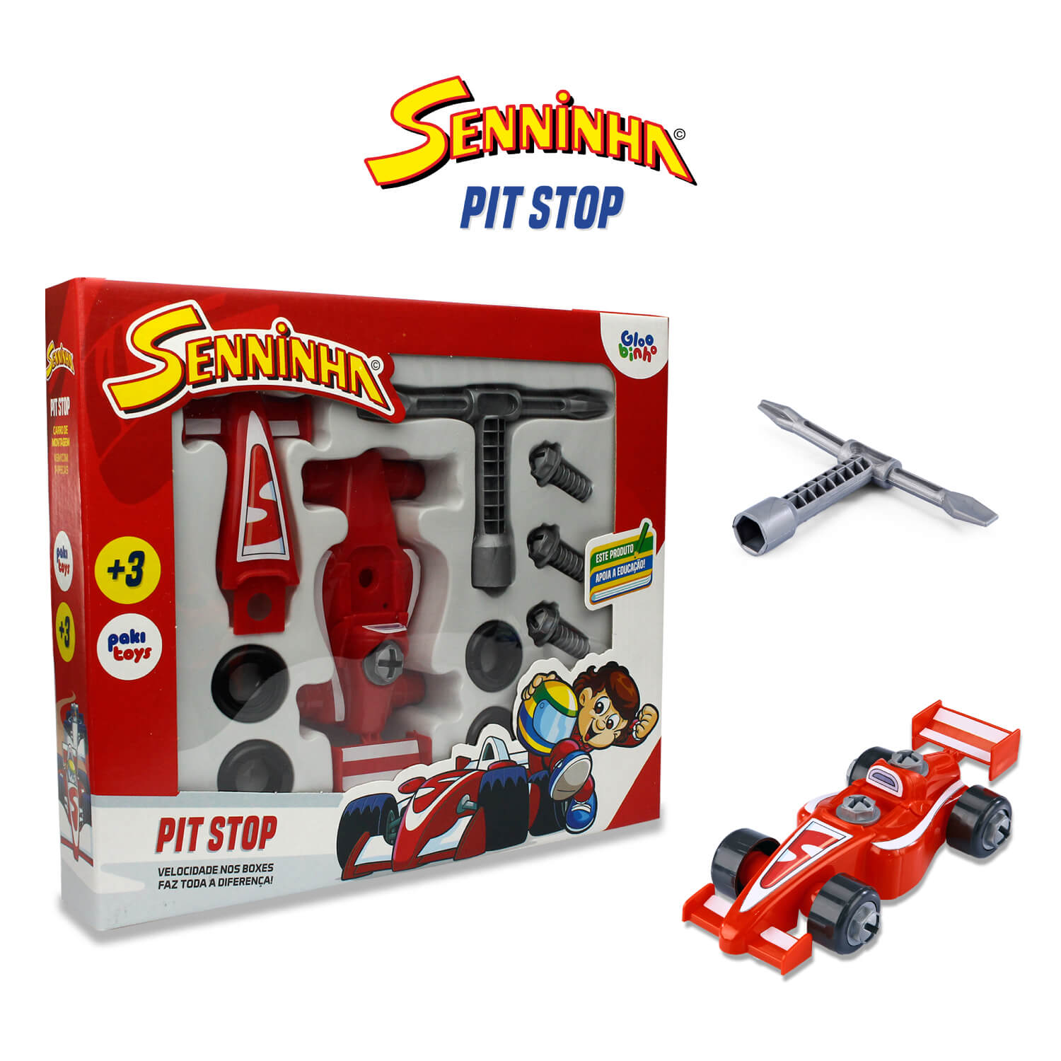 Carrinho de Corrida Senninha Pit Stop e Ferramentas 14 Peças Paki Toys