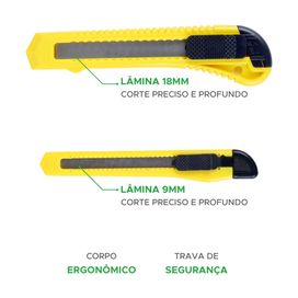 Estilete 9 e 18mm C/ Lâmina Substituível, Trava De Segurança e Cabo Ergonômico