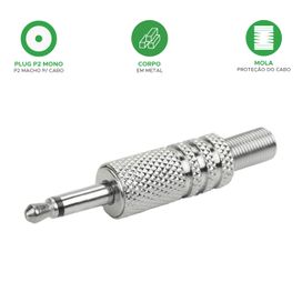 10x Plug Conector P2 Mono Profissional Reforçado Níquel
