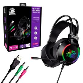 Fone Gamer Headset Led Rgb Mic Usb + P2 Ajustável Cabo 2m