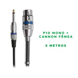 Cabo Microfone e Violão Xlr Cannon Fêmea P10 Mono 3 Metros
