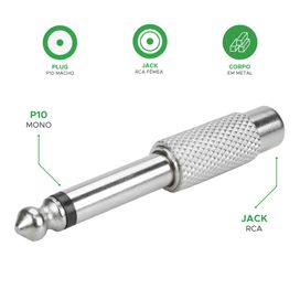 10x Adaptador Plug P10 Mono Para Jack Rca Fêmea - PIX