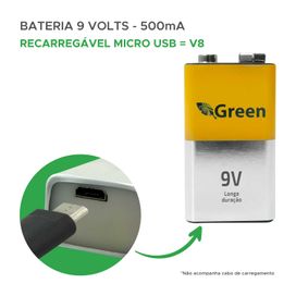 Bateria 9v Recarregável 500ma Com Carga Micro Usb - Green
