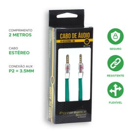 Cabo P2 + P2 Flat Estéreo de Cobre Profissional - Verde