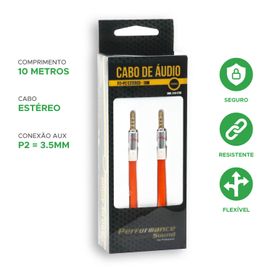 Cabo P2 + P2 Flat Estéreo de Cobre Profissional - Laranja