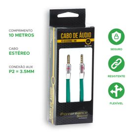 Cabo Auxiliar P2 X P2 Estéreo Flat Profissional 10m Verde