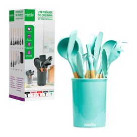 Kit 12 Utensílios De Cozinha Em Silicone E Cabo De Madeira