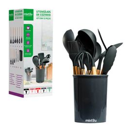 Kit 12 Utensílios De Cozinha Em Silicone E Cabo De Madeira