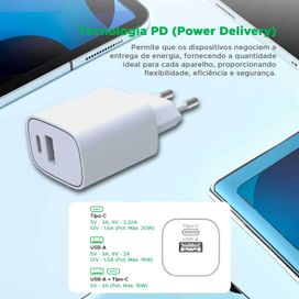 Carregador Ultrarrápido Duplo Usb A + Tipo C Power 20w