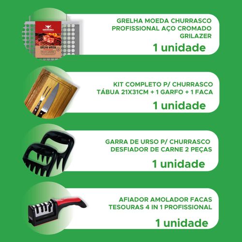 Kit Grelha + Tábua C/ Garfo E Faca + Afiador + Garra Urso