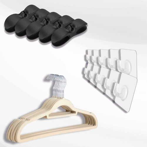 Kit 10 Cabides Veludo 10 Ganchos Adesivo 5 Organizador Fios
