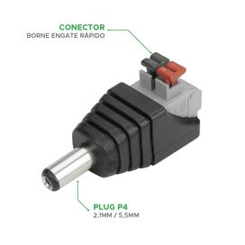 10x Conector P4 Macho Com Borne 2.1 5.5mm Engate Rápido