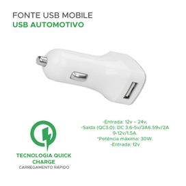 Carregador Veicular 12V Smartphone Usb 2.1A Branco - 5+