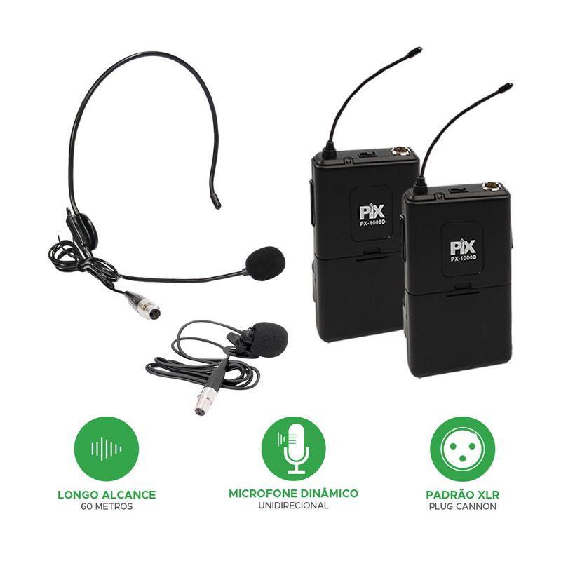Microfone Sem Fio Duplo Com Receptor Lapela 632,10 Mhz - PIX