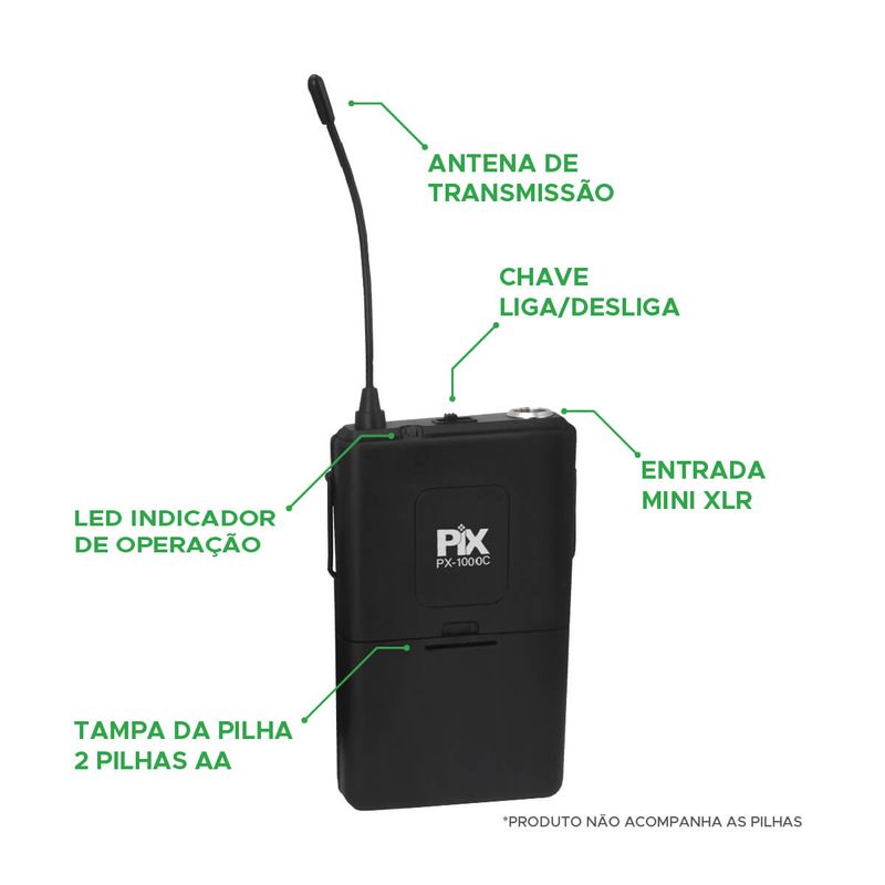 Microfone Sem Fio Duplo Com Receptor Lapela 632,10 Mhz - PIX