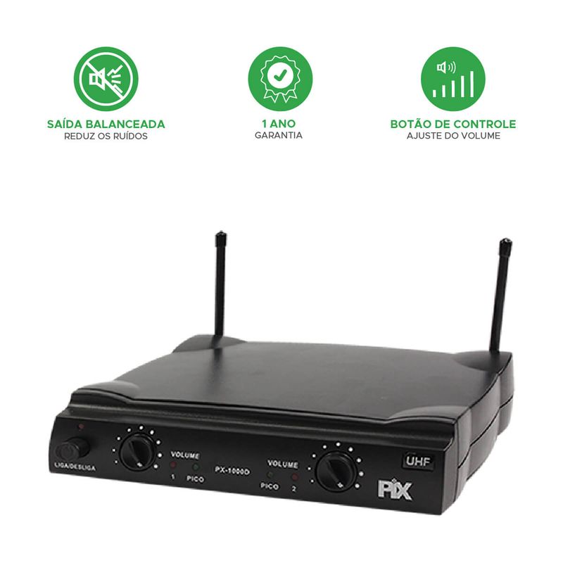 Microfone Sem Fio Duplo Com Receptor Lapela 632,10 Mhz - PIX