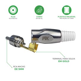 5x Plug Rca Macho Linha Premium Profissional - Original PIX