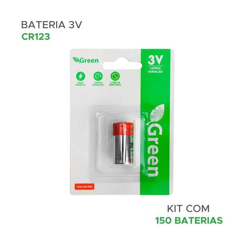 150x Bateria Pilha CR123 Lítio 3.0v 1300mah - Green