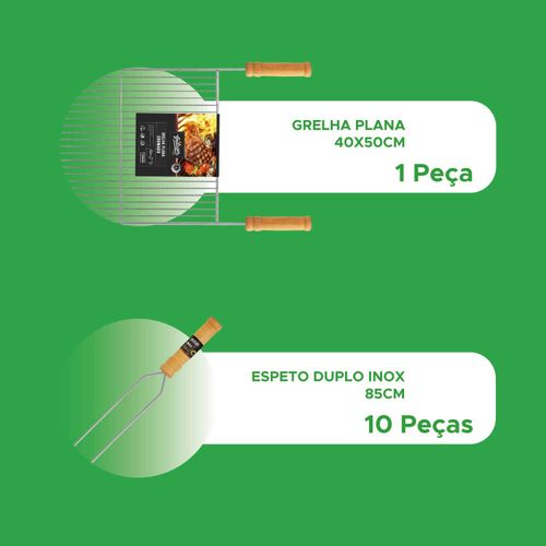 Kit Churrasco Espeto Inox 2H 85cm e Grelha 40x50cm Grilazer