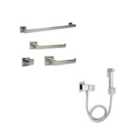 Ducha Higiênica Metal Cromado e Kit Acessórios Inox 4 Peças