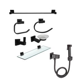 Kit Completo Banheiro: Ducha Preta e Acessórios Inox 6 Peças