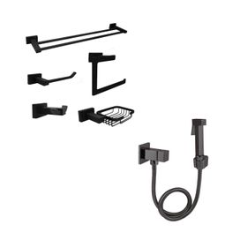Ducha Higiênica Preta + Acessórios Banheiro Inox 5 Peças