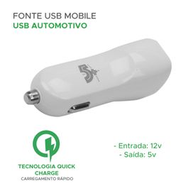 Carregador 12V Veicular 1 Entrada USB 2.1A Branco - 5+