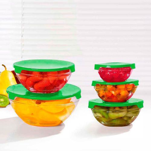 Conjunto 5 Tigelas Vasilhas Potes Bowls De Vidro Com Tampa