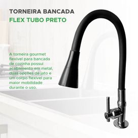 Torneira Para Cozinha Bancada Flexível Tubo Preto 2 Jatos