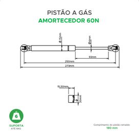 Pistão Amortecedor A Gás P/ Móveis Armários 60N - Prata