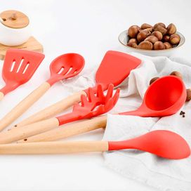 Kit 12 Utensílios De Cozinha Em Silicone E Cabo De Madeira