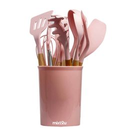 Kit 12 Utensílios De Cozinha Em Silicone E Cabo De Madeira