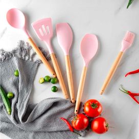 Kit 12 Utensílios De Cozinha Em Silicone E Cabo De Madeira