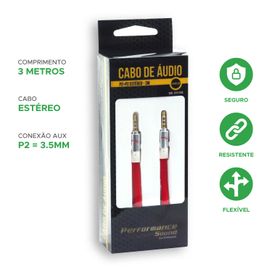 Cabo P2 + P2 Flat Estéreo 100% Cobre Profissional - 3 Metros