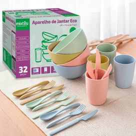 Conjunto de Louças em Fibra de Trigo 32 Peças - Colorido e Ecológico
