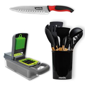 Kit Utensílios de Silicone + Faca do Chef + Fatiador 12 Em 1