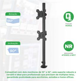 Suporte Ajustável para 2 Monitores Com Morsa De 10" Até 32"