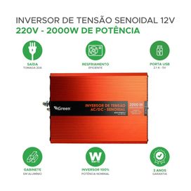 Inversor De Tensão Senoidal 2000w 12v P/ 220v Tomada C/ Usb