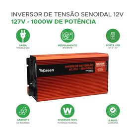 Inversor de Tensão Senoidal 12V 1000W USB 5V 2.1A - 127V