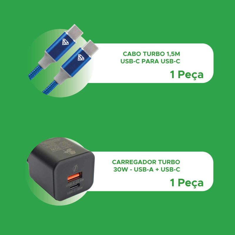 Carregador Gan 30w e Cabo 1.5m Tipo C X Tipo C Heróis DC