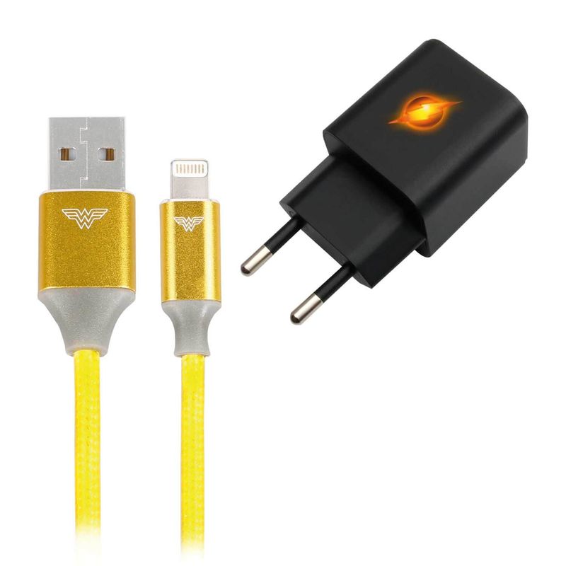 Carregador Gan 30w e Cabo 1.5m Usb A X Lightning Heróis DC