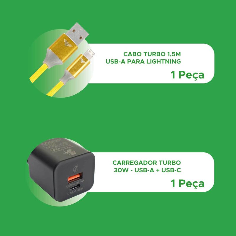Carregador Gan 30w e Cabo 1.5m Usb A X Lightning Heróis DC