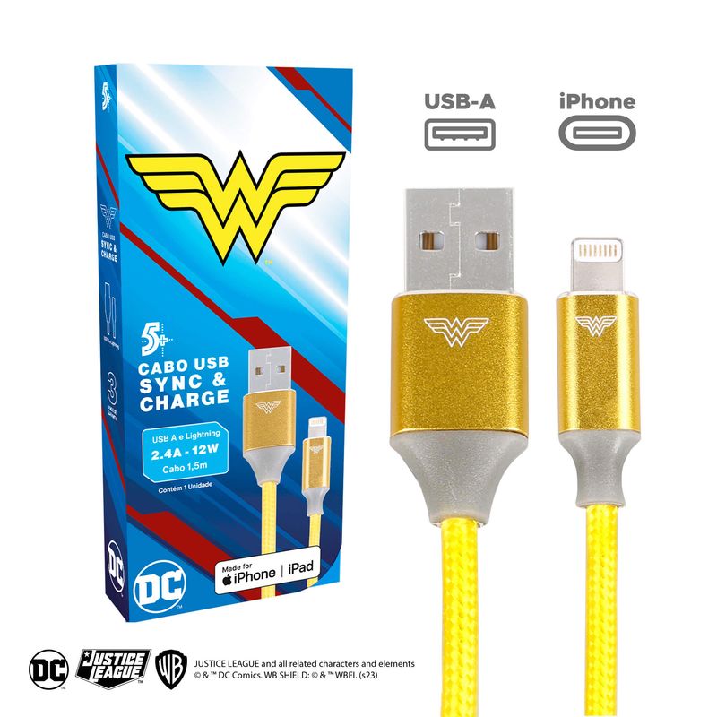 Carregador Gan 30w e Cabo 1.5m Usb A X Lightning Heróis DC