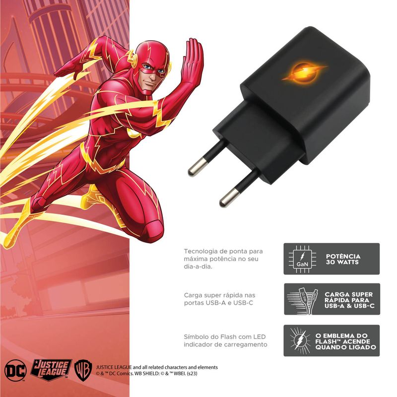 Carregador Gan 30w e Cabo 1.5m Usb A X Lightning Heróis DC