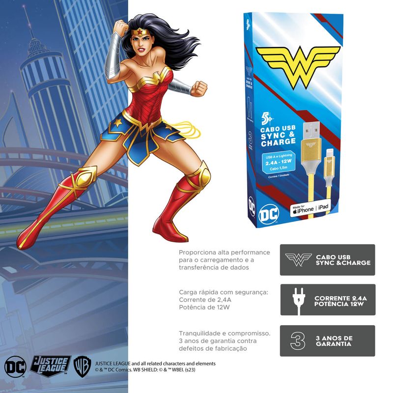 Carregador Gan 30w e Cabo 1.5m Usb A X Lightning Heróis DC