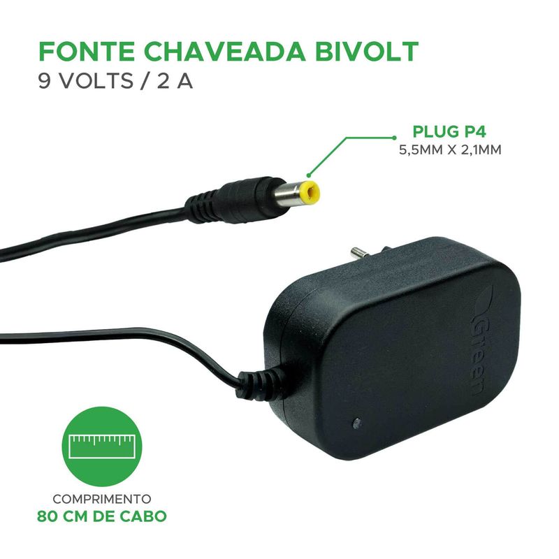 Fonte chaveada 9V 2A Bivolt - Plug 5,5x2,1mm